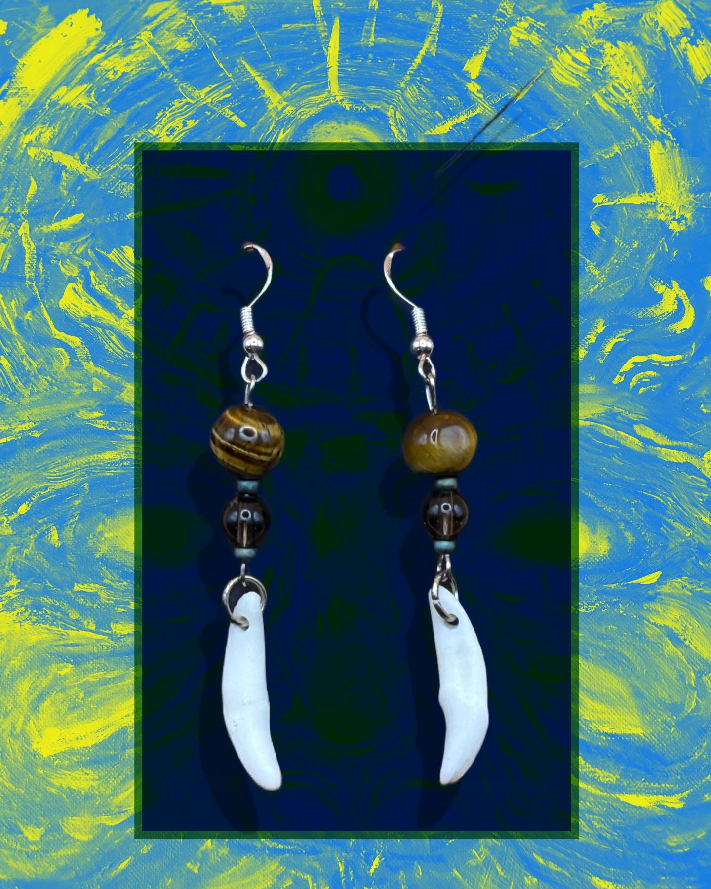 Coyote Teeth, Tigers Eye and Smokey Quartz Earrings