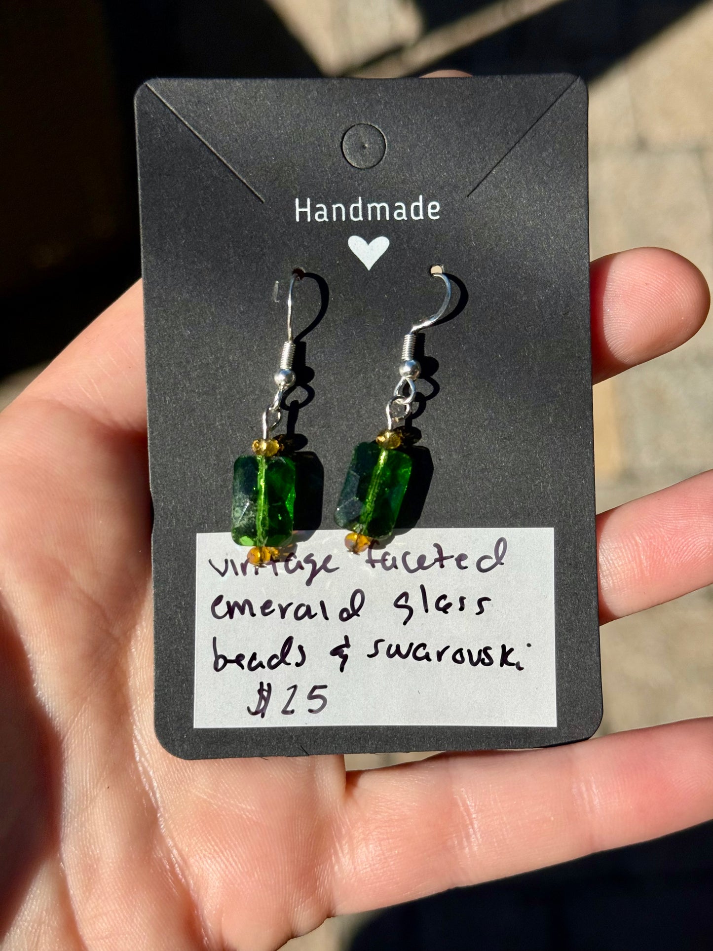 1920s Vintage Emerald Glass and Swarovski Earrings