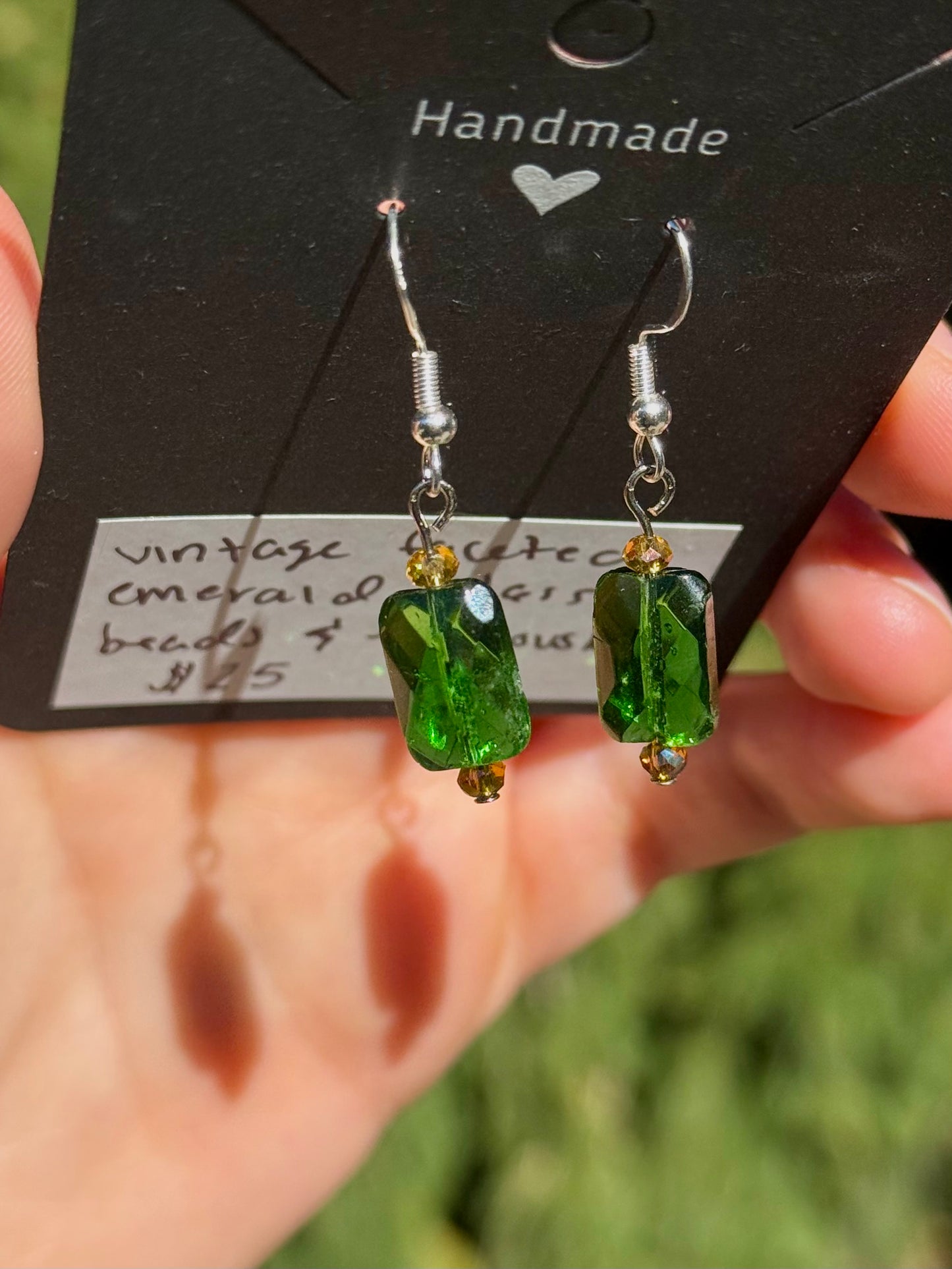 1920s Vintage Emerald Glass and Swarovski Earrings