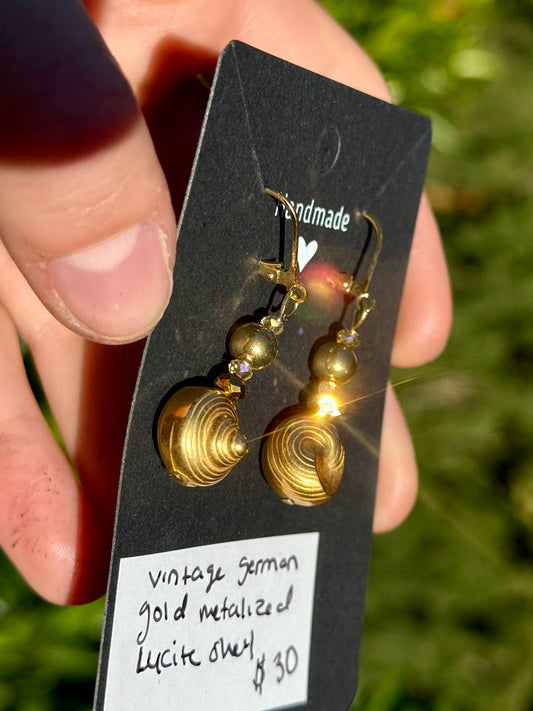 Vintage German Gold Metalized Lucite Shell Earrings