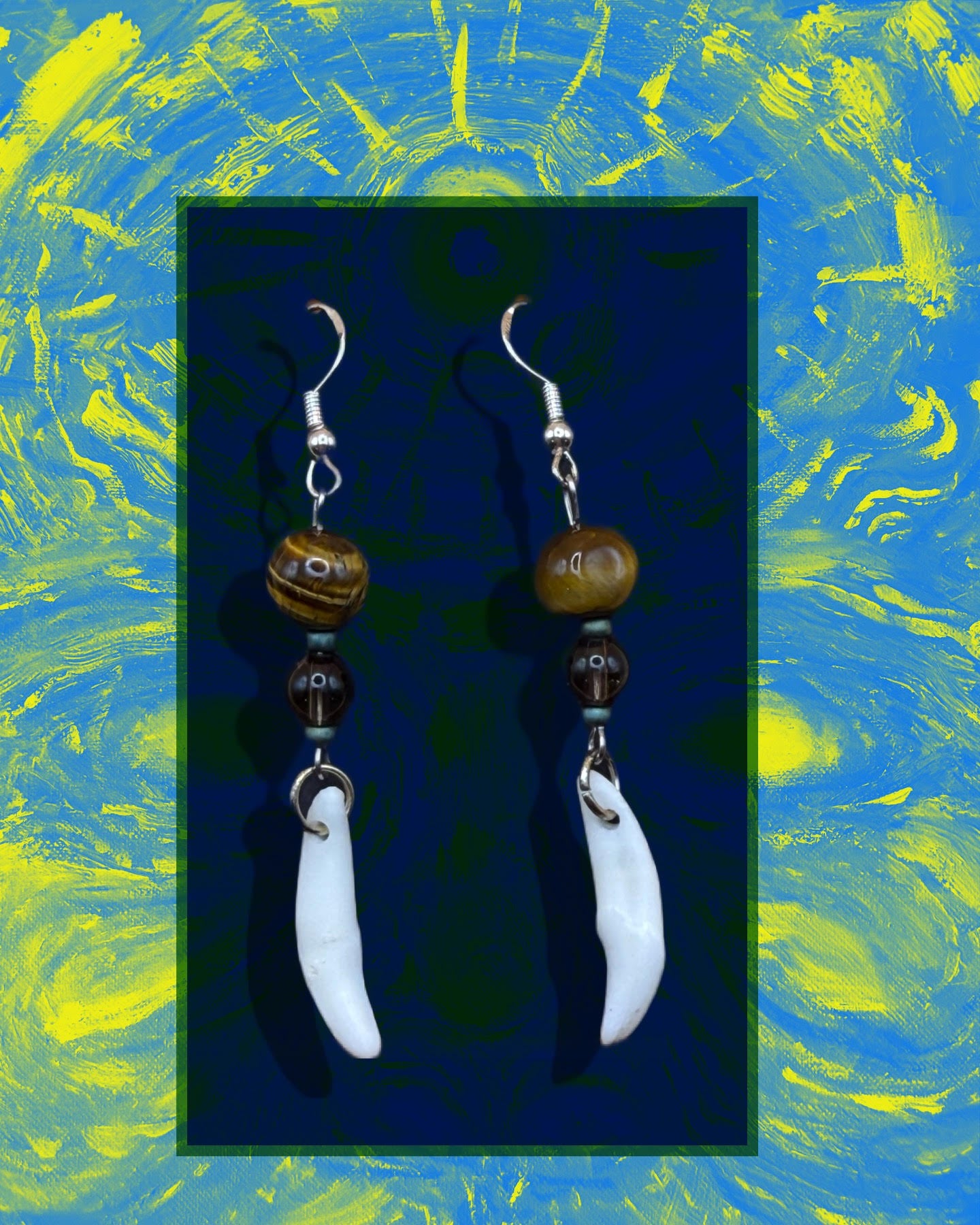 Coyote Teeth, Tigers Eye and Smokey Quartz Earrings